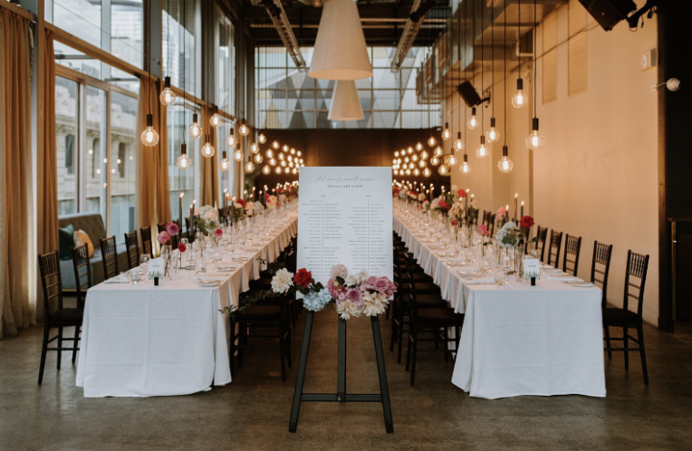 A reception table setup inside an event space in Melbourne CBD.