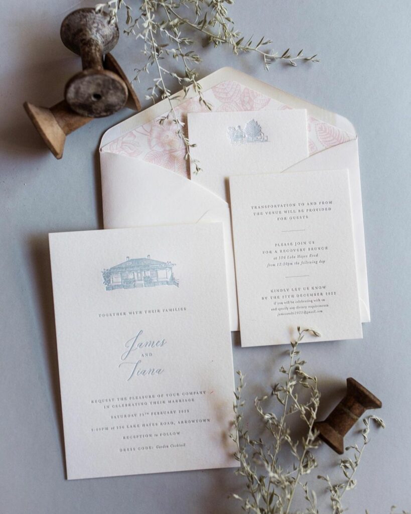 A couple’s wedding invitations printed on white paper.