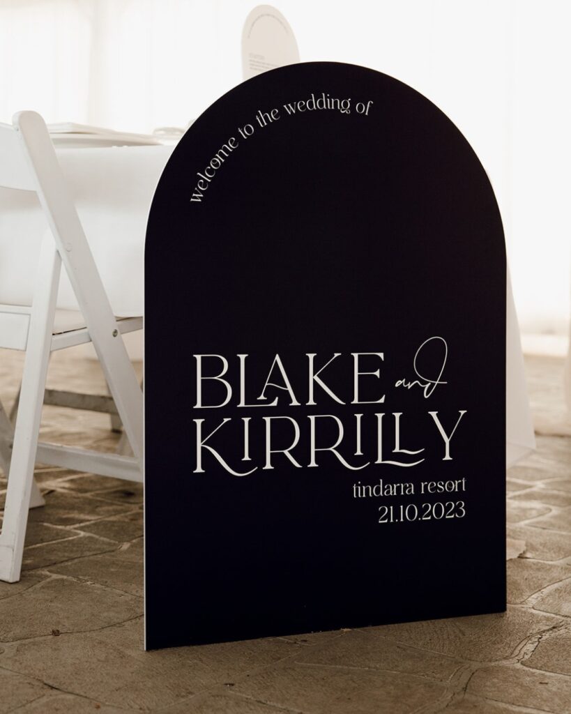 A black and white wedding sign welcoming guests.