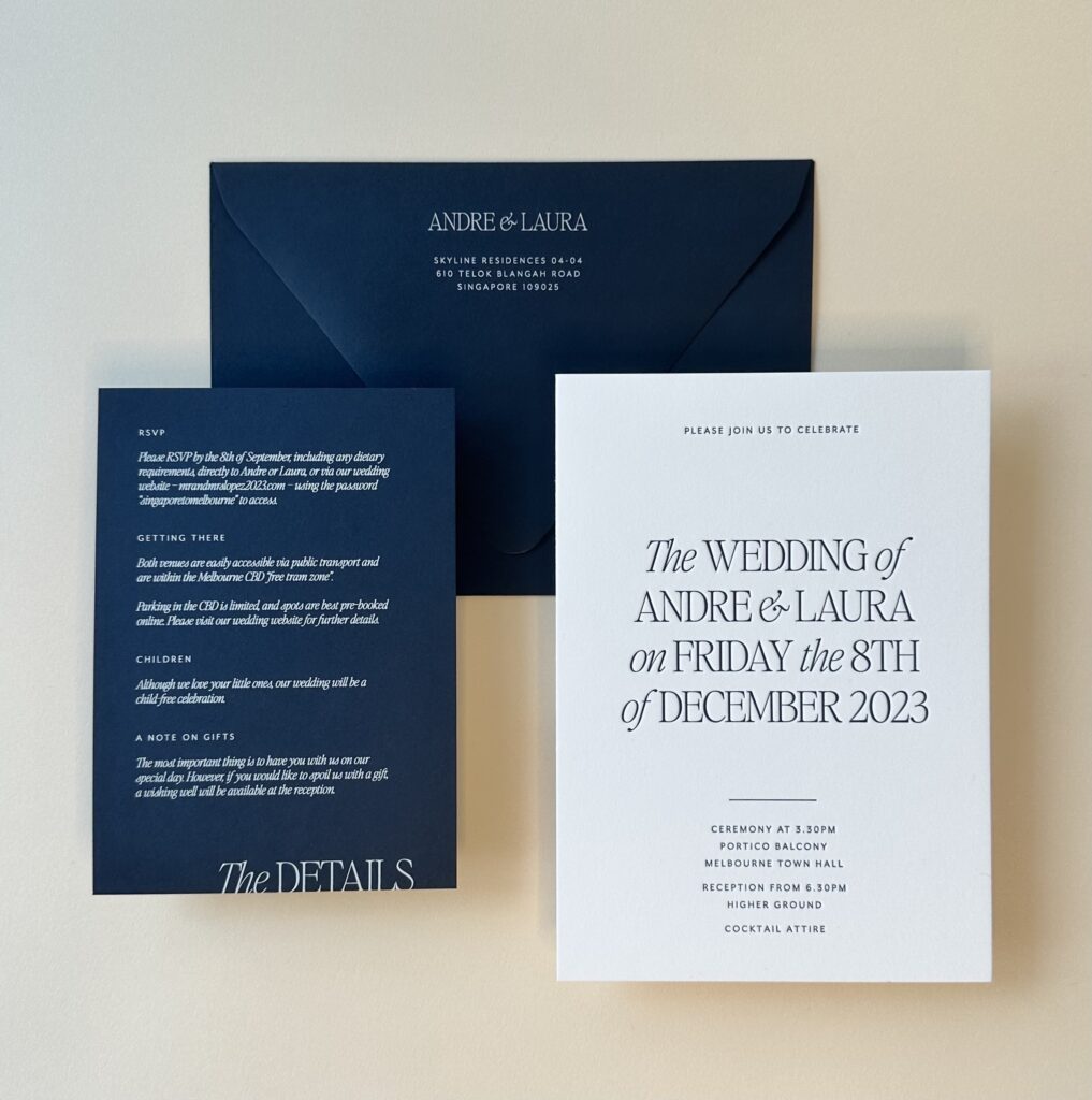 A couple of navy blue  wedding invitations sitting atop an envelope.